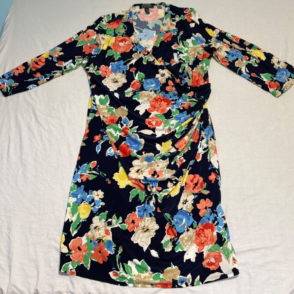 Lauren Ralph Lauren Faux Wrap Dress Womens Large Navy Blue Floral Ruched Sheath